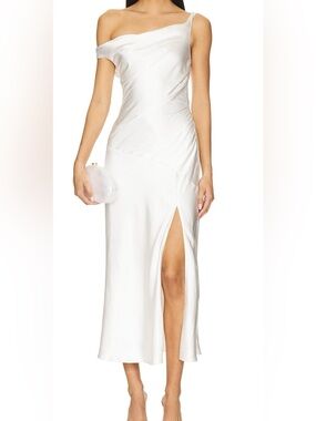 White Satin One-Shoulder Maxi Dress with High Slit
